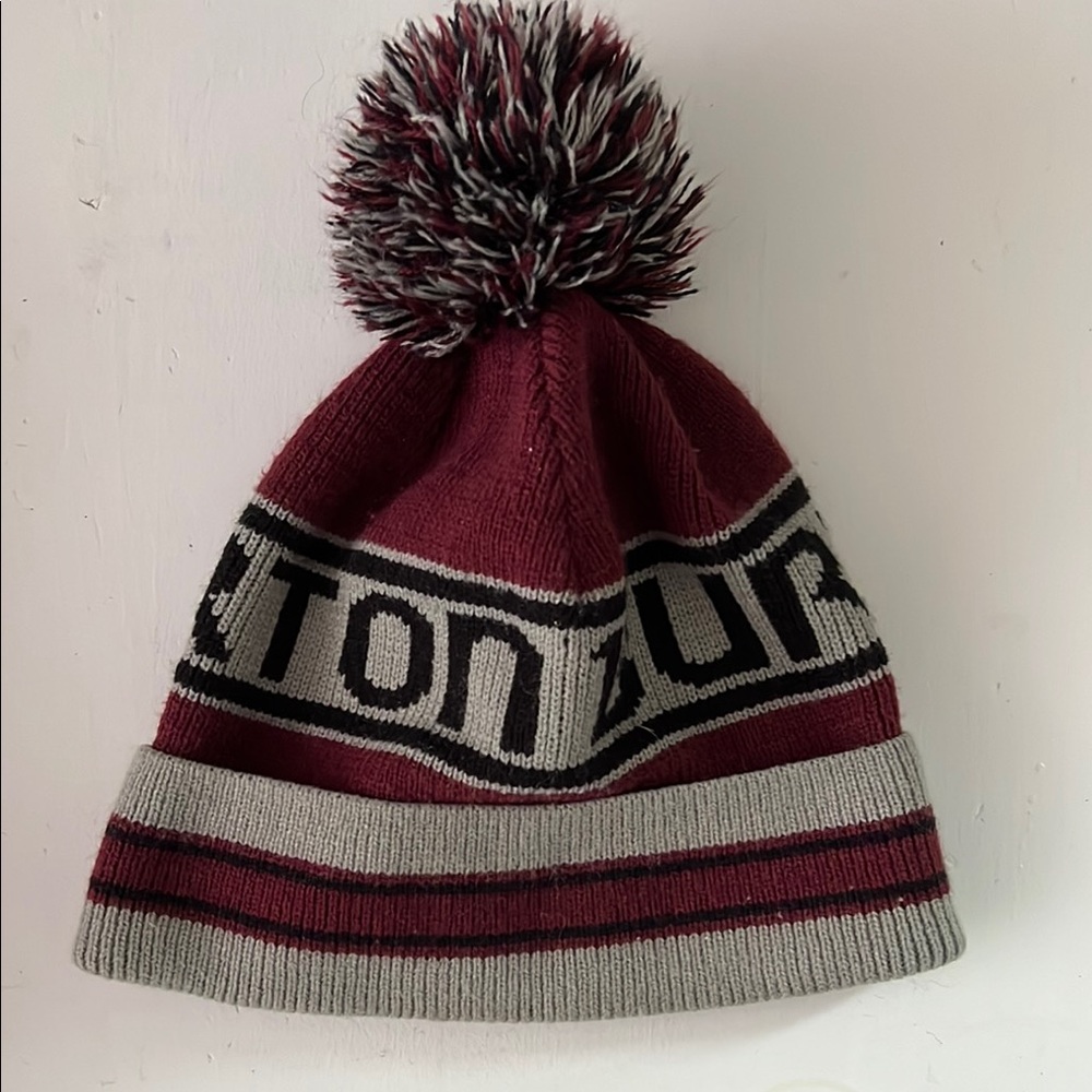 *3/10*     Burton Red and Gray Knitted Beanie with Pom-Pom